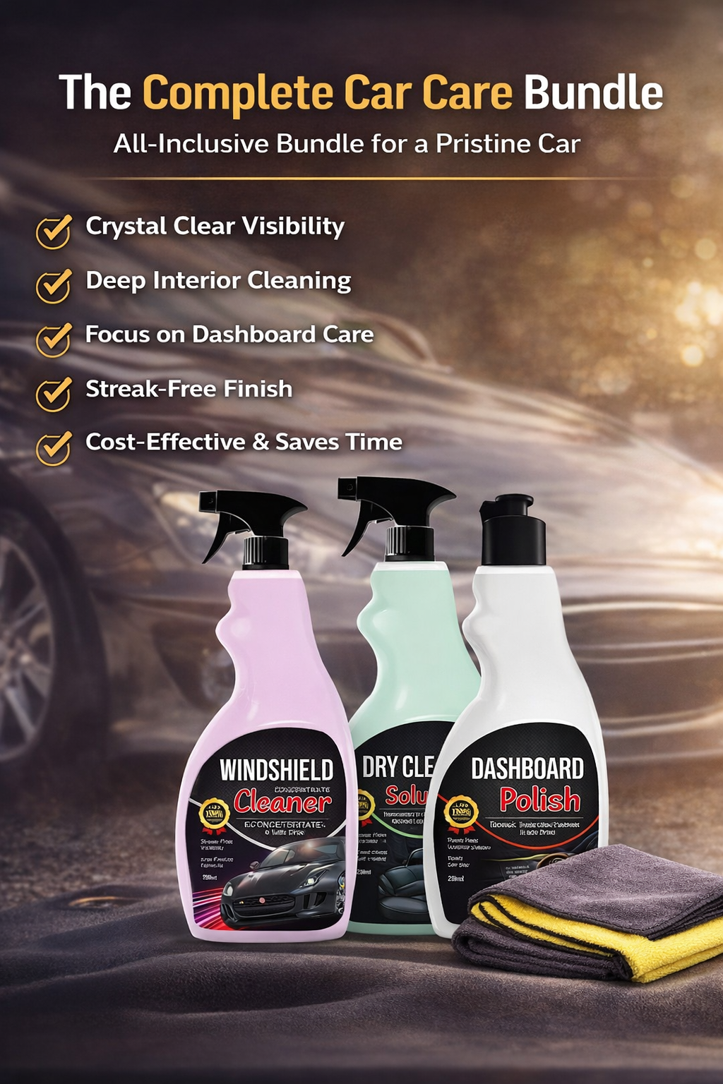 Luxury Glow Complete Car Care Bundle - 3-in-1 Kit (Windshield Wash, Interior Cleaner, Polish & Microfiber Cloth)
