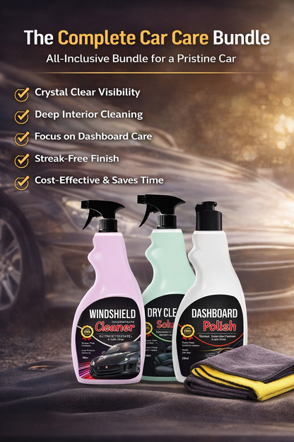 Luxury Glow Complete Car Care Bundle - 3-in-1 Kit (Windshield Wash, Interior Cleaner, Polish & Microfiber Cloth)